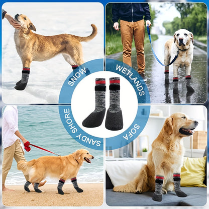 Striped All-Season Dog Boots: Machine Washable, Non-Slip Cotton, Polyester & Rubber, Water-Resistant Dog Socks for Small to Large Breeds, Adjustable Fastening - Protective Paw Gear for Indoor/Outdoor Use.