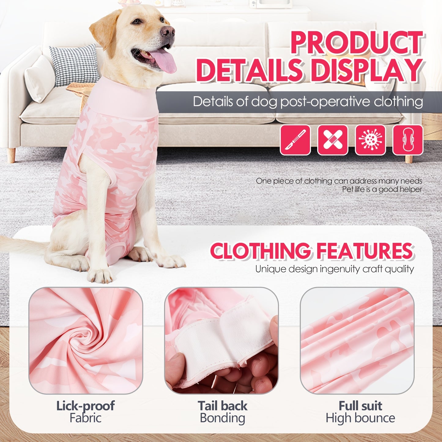 1-teiliger Genesungsanzug für Haustiere mit hohem Kragen, postoperative Hundekleidung aus Nylon und Elastan, einfaches An- und Ausziehen mit Magic Tape, leckfest, bequem für alle Jahreszeiten, Pullover aus Strickstoff für kleine bis große Hunderassen