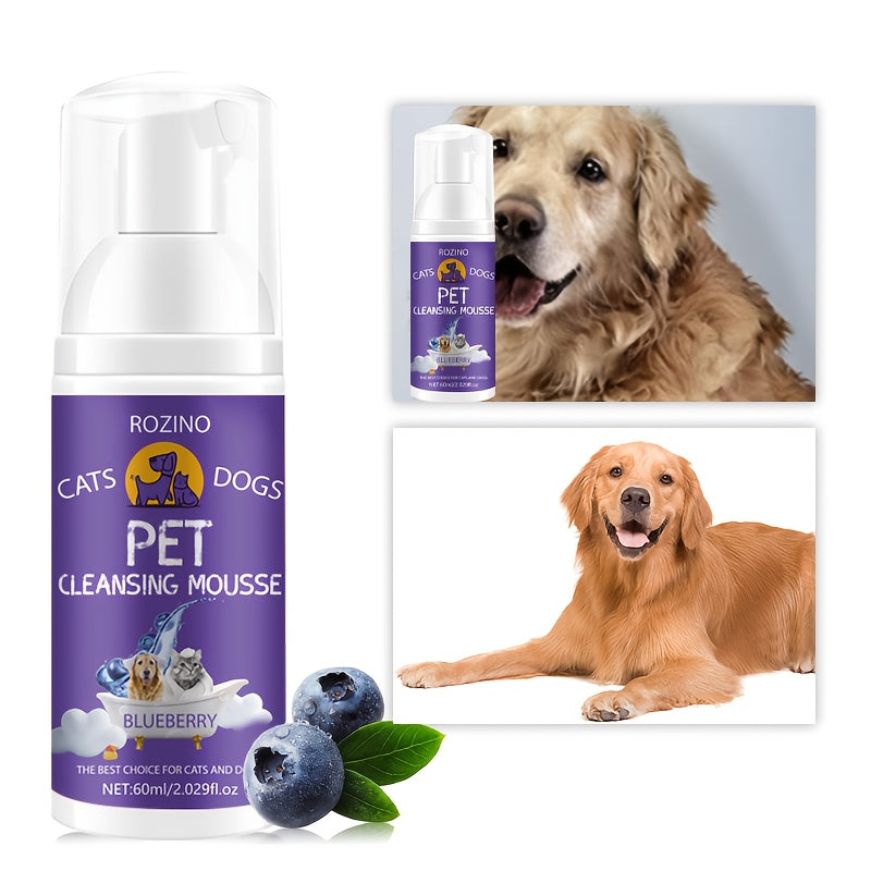 Rozino Cats & Dogs Pet Cleansing Mousse, 60ml - Easy-to-Use, Gentle Formula with Blueberry Extract for a Fresh Scent, Ideal for All Breeds, Pet Hygiene Product|Petfriendly Design|Blueberry Scented