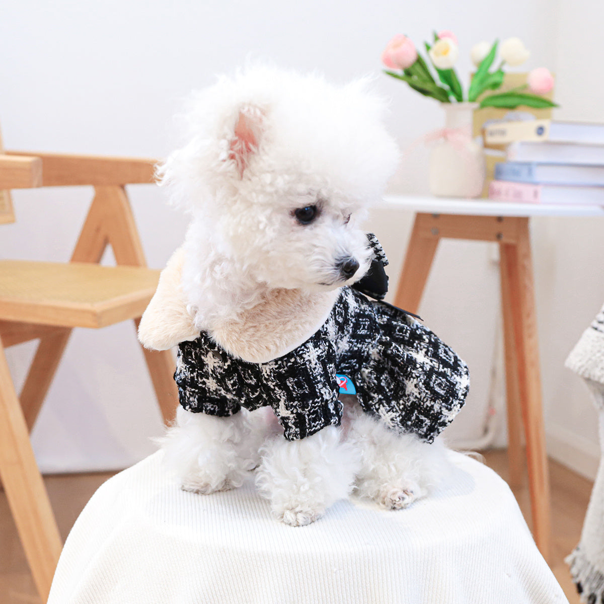 Robe d'hiver en tricot de polyester à carreaux pour chien avec bordure en fausse fourrure et accent floral, style jupe princesse avec fermeture à boucle à pression pour petites races, cadeau de Noël idéal pour chiens et chats 