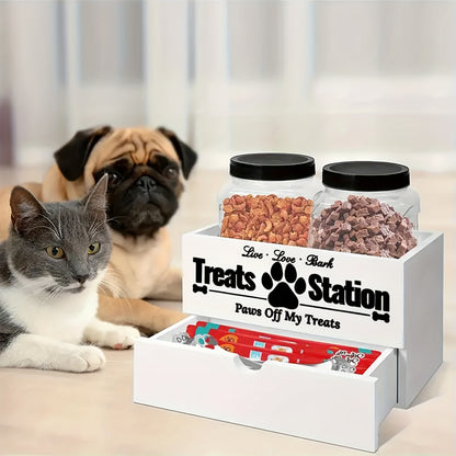 Lot de 3 organiseurs de rangement en bois pour friandises pour animaux de compagnie – Design de ferme avec 2 bocaux et tiroir pour nourriture pour chiens et chats