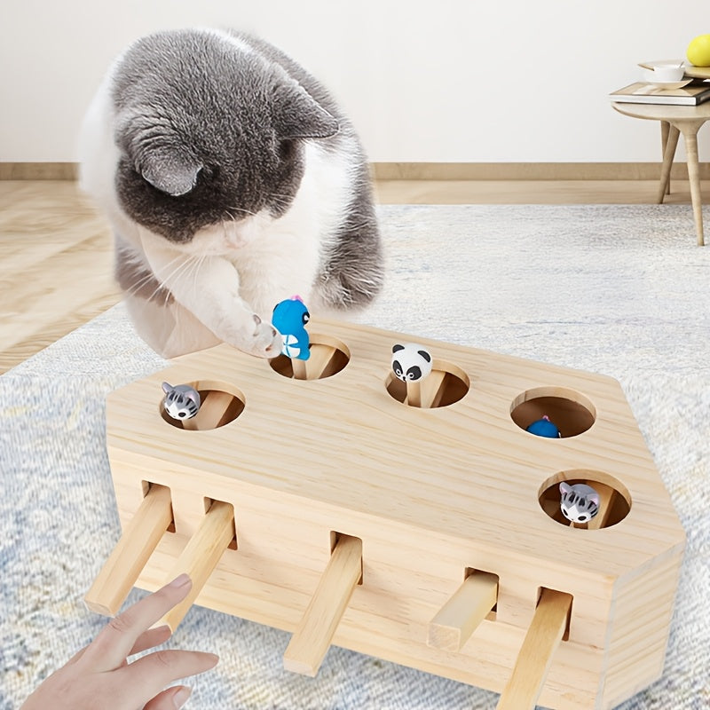Jouet interactif en bois pour chat - Jeu d'attrape-souris 