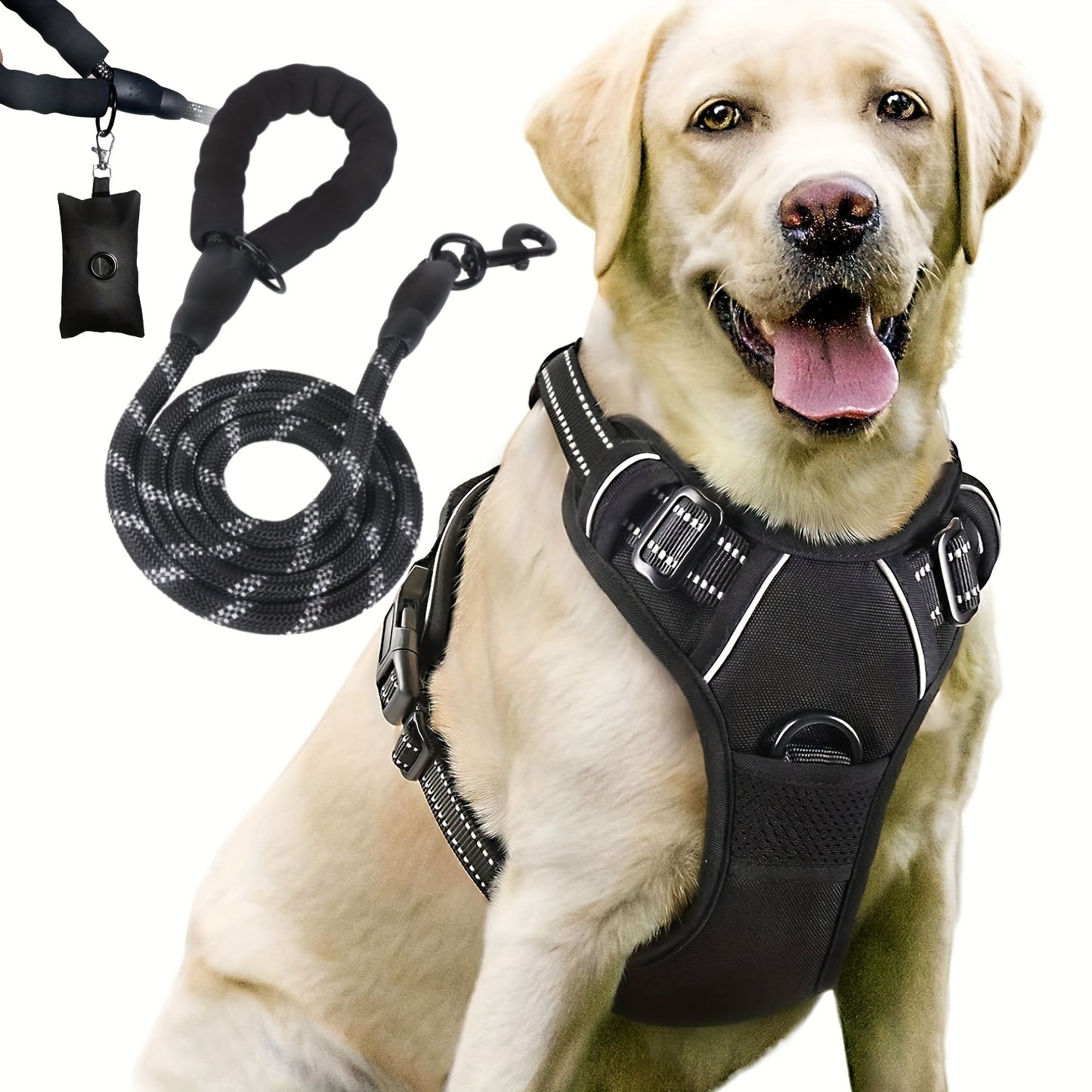 Ensemble de harnais anti-fuite pour chien 3 pièces avec laisse et distributeur de sacs à déjections canines – Réglable, réfléchissant et confortable pour chiens de taille moyenne et grande