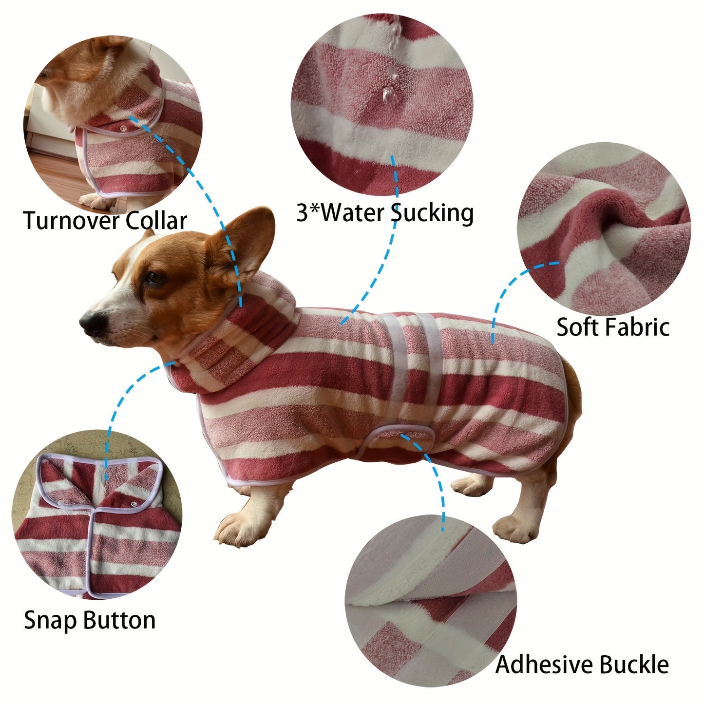 Serviette de bain rayée à séchage rapide pour chien - Peignoir de séchage pour chien en polyester super absorbant et réglable - Parfait pour le bain, les promenades humides et la natation