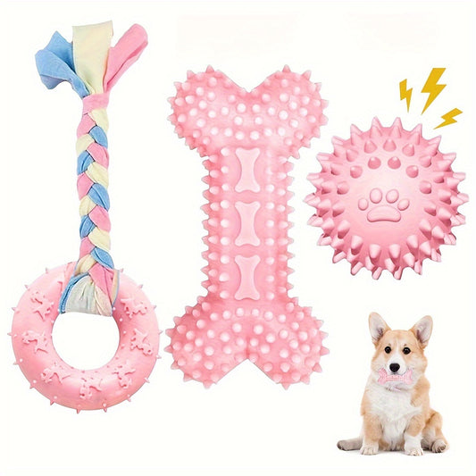 Lot de 3 jouets à mâcher en caoutchouc souple pour chiots pour la dentition – Ensemble d'os et de balle en corde durable avec nœud tressé, kit de jouets d'extérieur interactifs pour petits chiens, doux pour les gencives, jouets pour chiots