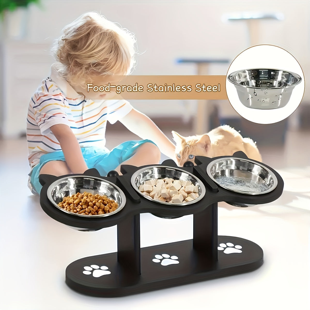 3pcs Adjustable Elevated Cat Bowls with Stainless Steel Inserts - 15-Degree Tilted, Height-Adjustable for Cats & Small Pets, Easy to Clean & Portable, Ideal for Food & Water, Cat Food Bowls