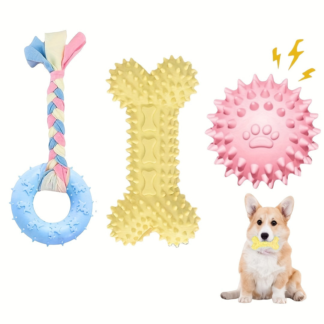 Lot de 3 jouets à mâcher en caoutchouc souple pour chiots pour la dentition – Ensemble d'os et de balle en corde durable avec nœud tressé, kit de jouets d'extérieur interactifs pour petits chiens, doux pour les gencives, jouets pour chiots