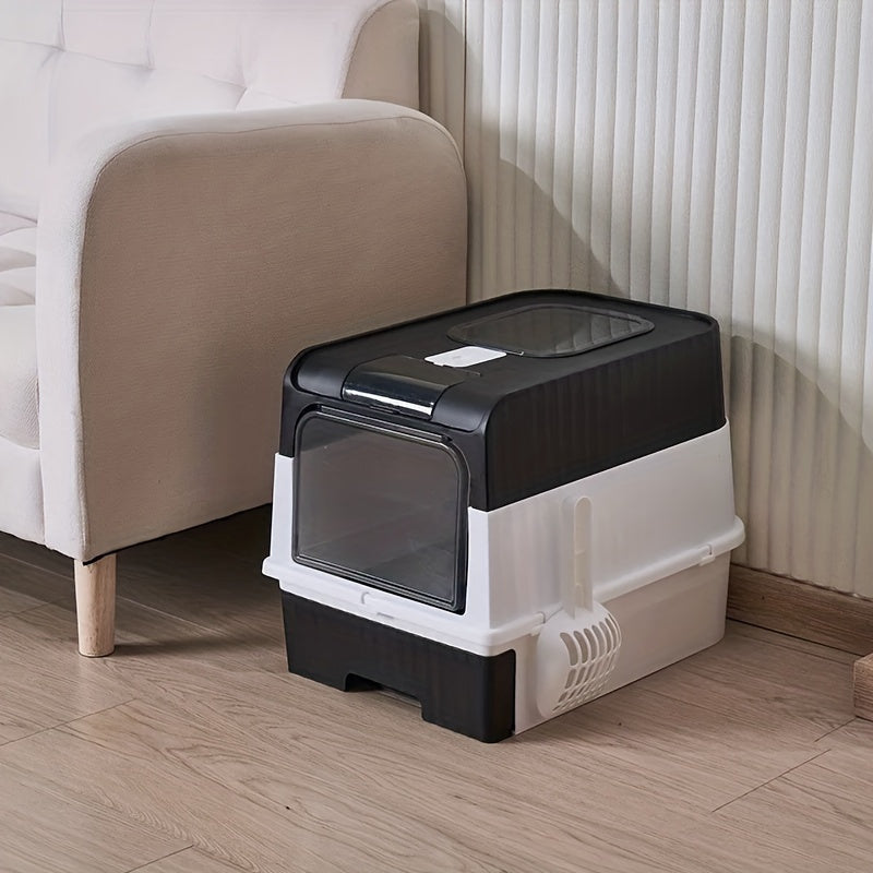 Bac à litière pour chat fermé avec tiroir, filtration d'air supérieure à double entrée, contrôle des odeurs anti-fuite, bac à litière rectangulaire en plastique pour chat avec pelle à litière incluse