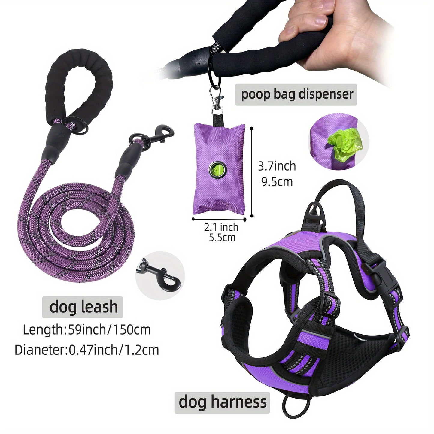 Ensemble de harnais anti-fuite pour chien 3 pièces avec laisse et distributeur de sacs à déjections canines – Réglable, réfléchissant et confortable pour chiens de taille moyenne et grande