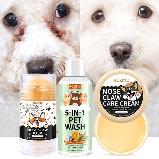 ROZINO 3-teiliges Haustier-Pflegeset: Feuchtigkeitsspendendes Shampoo, Tränenfleckenentferner und Augenbalsam – spendet Feuchtigkeit und erfrischt das Fell und die Augen von Hunden, ROZINO