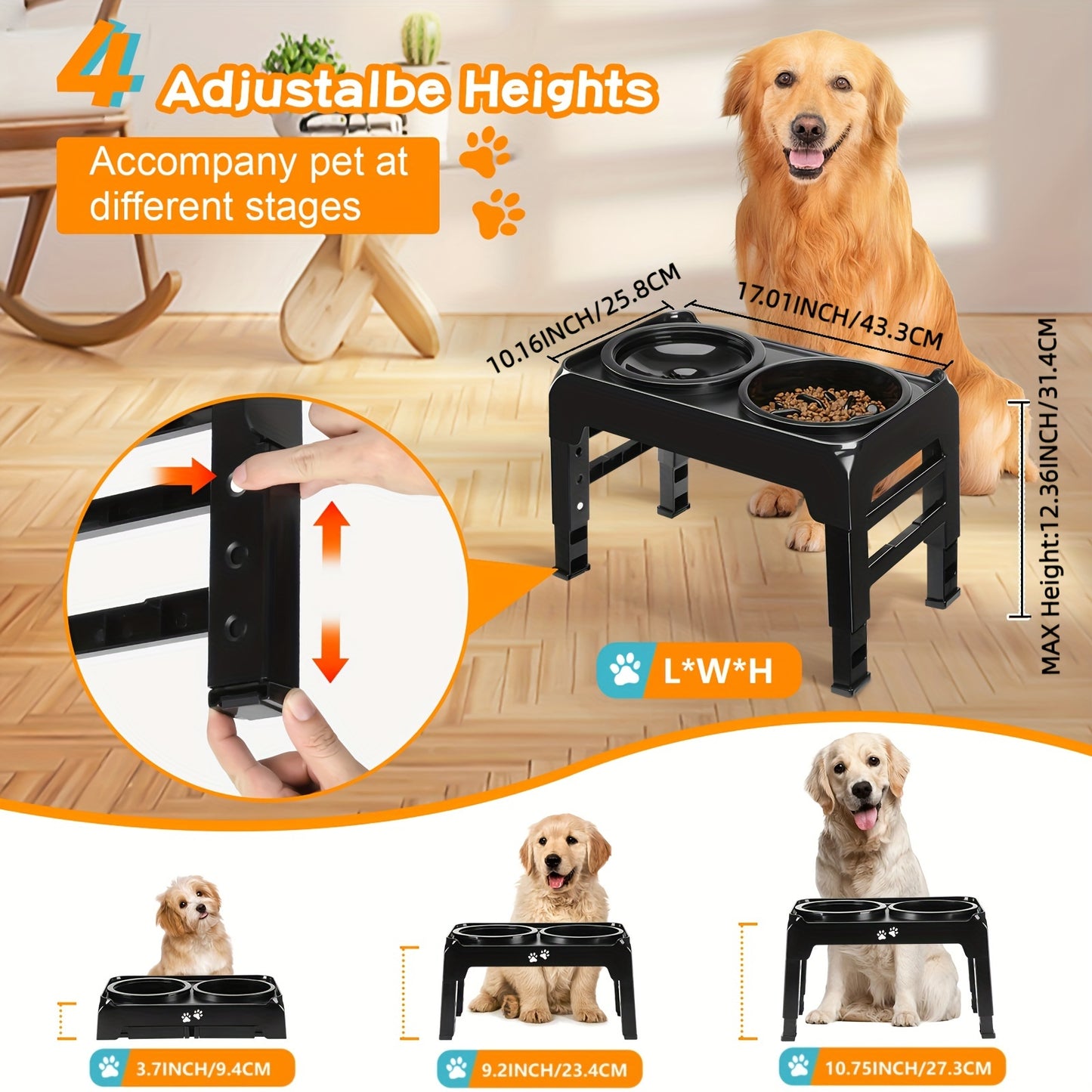 1 support de gamelle surélevé pour chien à alimentation lente, support de gamelle surélevé réglable sur 4 hauteurs avec bol de nourriture puzzle et bol d'eau anti-déversement pour chiens de taille moyenne et grande, ARSALI 