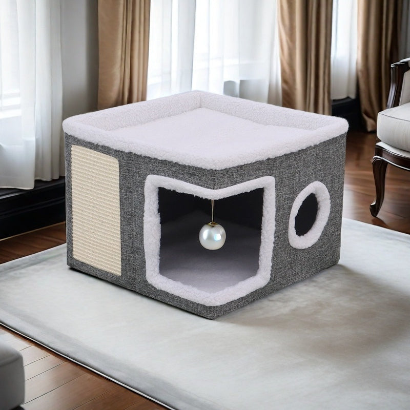 Maison de luxe à plusieurs étages pour chat - Lit à 2 niveaux et tunnel de jeu