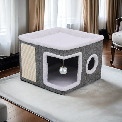 Maison de luxe à plusieurs étages pour chat - Lit à 2 niveaux et tunnel de jeu