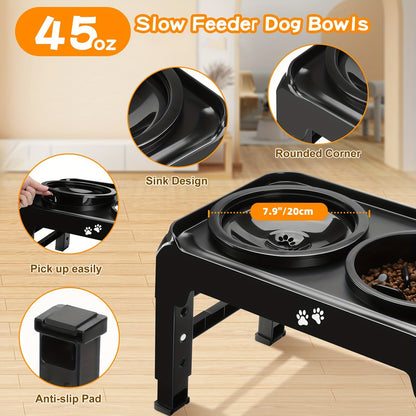 1 support de gamelle surélevé pour chien à alimentation lente, support de gamelle surélevé réglable sur 4 hauteurs avec bol de nourriture puzzle et bol d'eau anti-déversement pour chiens de taille moyenne et grande, ARSALI 