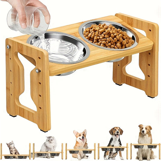 Mangeoire pour animaux de compagnie en bambou réglable et inclinée – Station de nourriture surélevée avec 2 bols en acier inoxydable pour chats et petits chiens