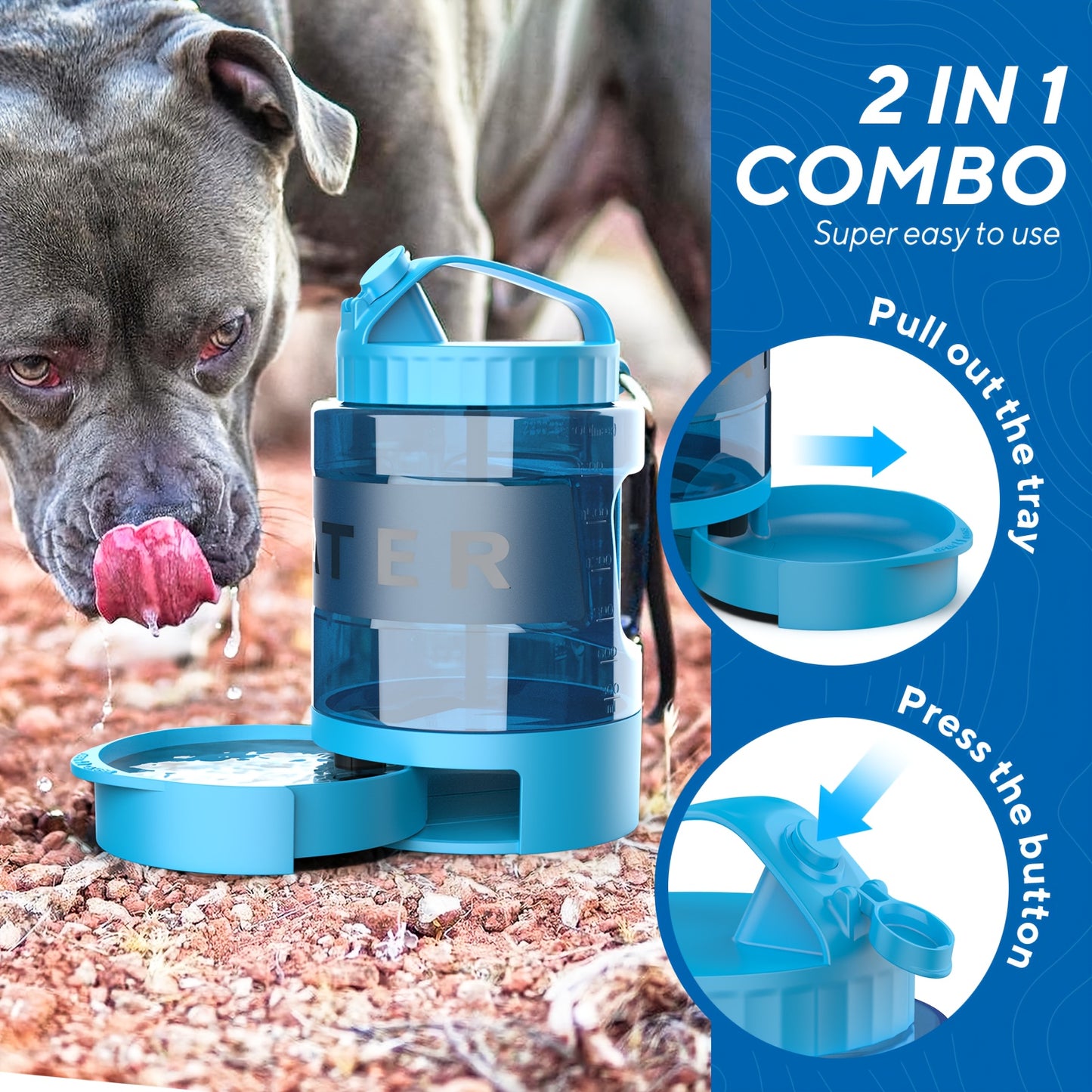 Bouteille d'eau pour chien Ocean Blue de grande capacité de 74 oz avec bol intégré - Portable et étanche pour la randonnée, le camping et les jeux au parc - Idéale pour les races de petite à moyenne taille 