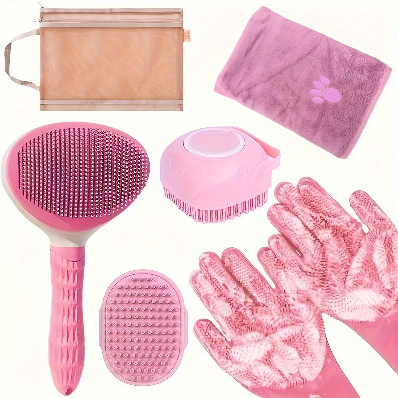 Kit de toilettage pour chien 6 en 1 : brosse de bain, serviette, gants et peigne de toilettage - Poils en acier inoxydable pour un nettoyage et un massage en douceur