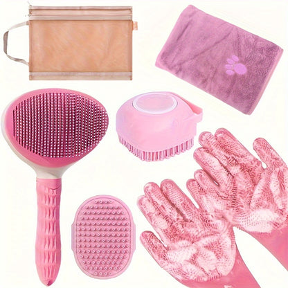 Kit de toilettage pour chien 6 en 1 : brosse de bain, serviette, gants et peigne de toilettage - Poils en acier inoxydable pour un nettoyage et un massage en douceur