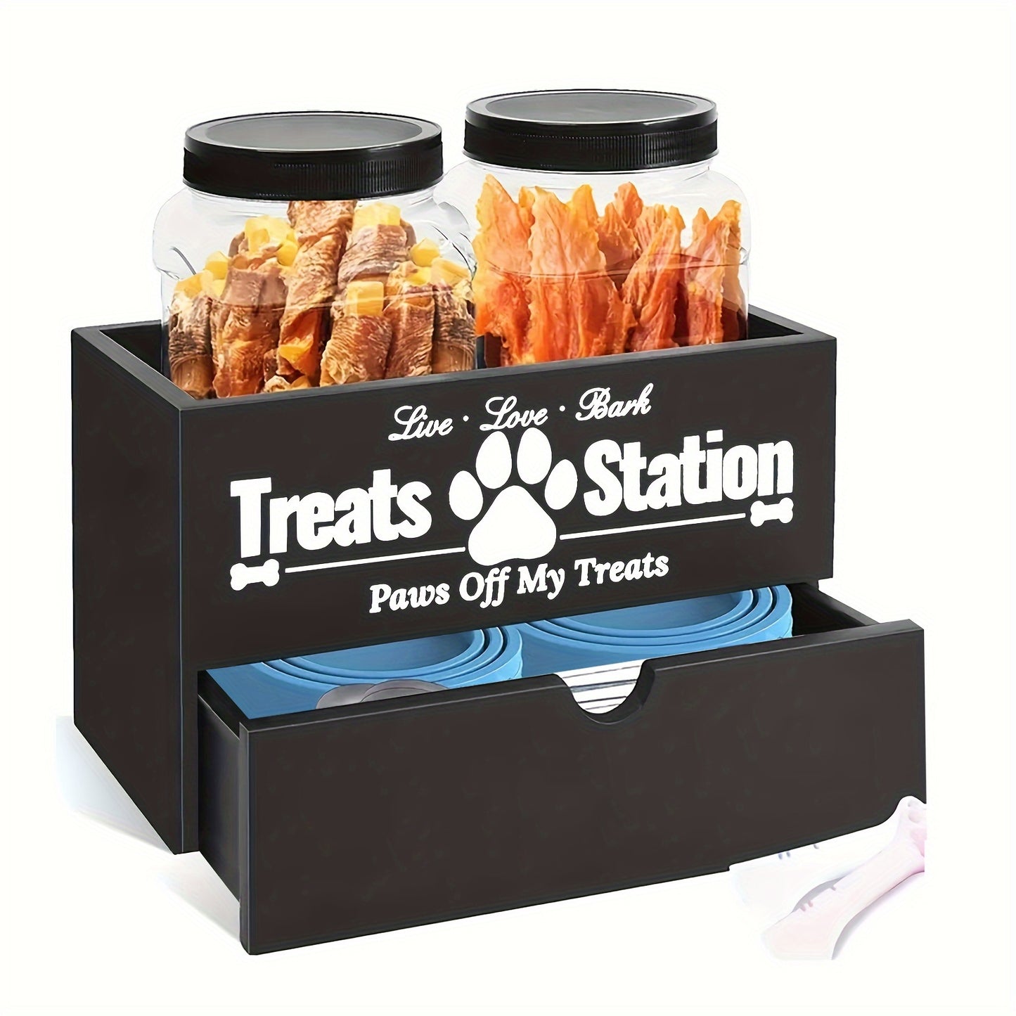 Lot de 3 organiseurs de rangement en bois pour friandises pour animaux de compagnie – Design de ferme avec 2 bocaux et tiroir pour nourriture pour chiens et chats