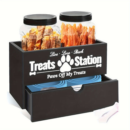 Lot de 3 organiseurs de rangement en bois pour friandises pour animaux de compagnie – Design de ferme avec 2 bocaux et tiroir pour nourriture pour chiens et chats