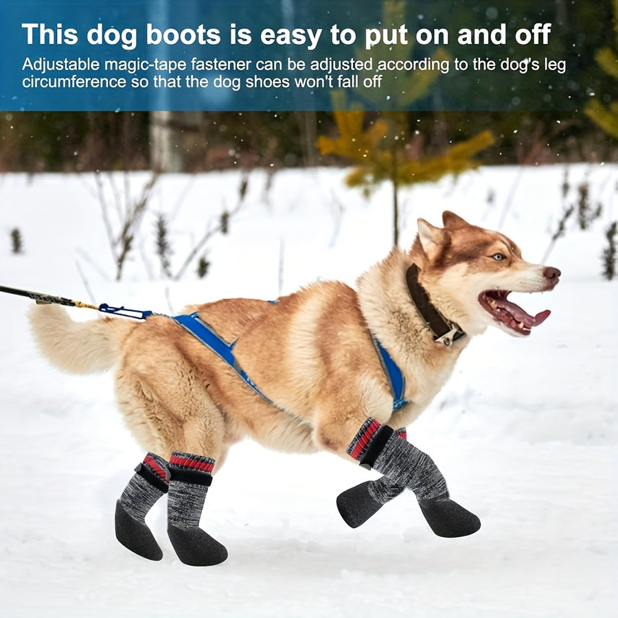 Striped All-Season Dog Boots: Machine Washable, Non-Slip Cotton, Polyester & Rubber, Water-Resistant Dog Socks for Small to Large Breeds, Adjustable Fastening - Protective Paw Gear for Indoor/Outdoor Use.