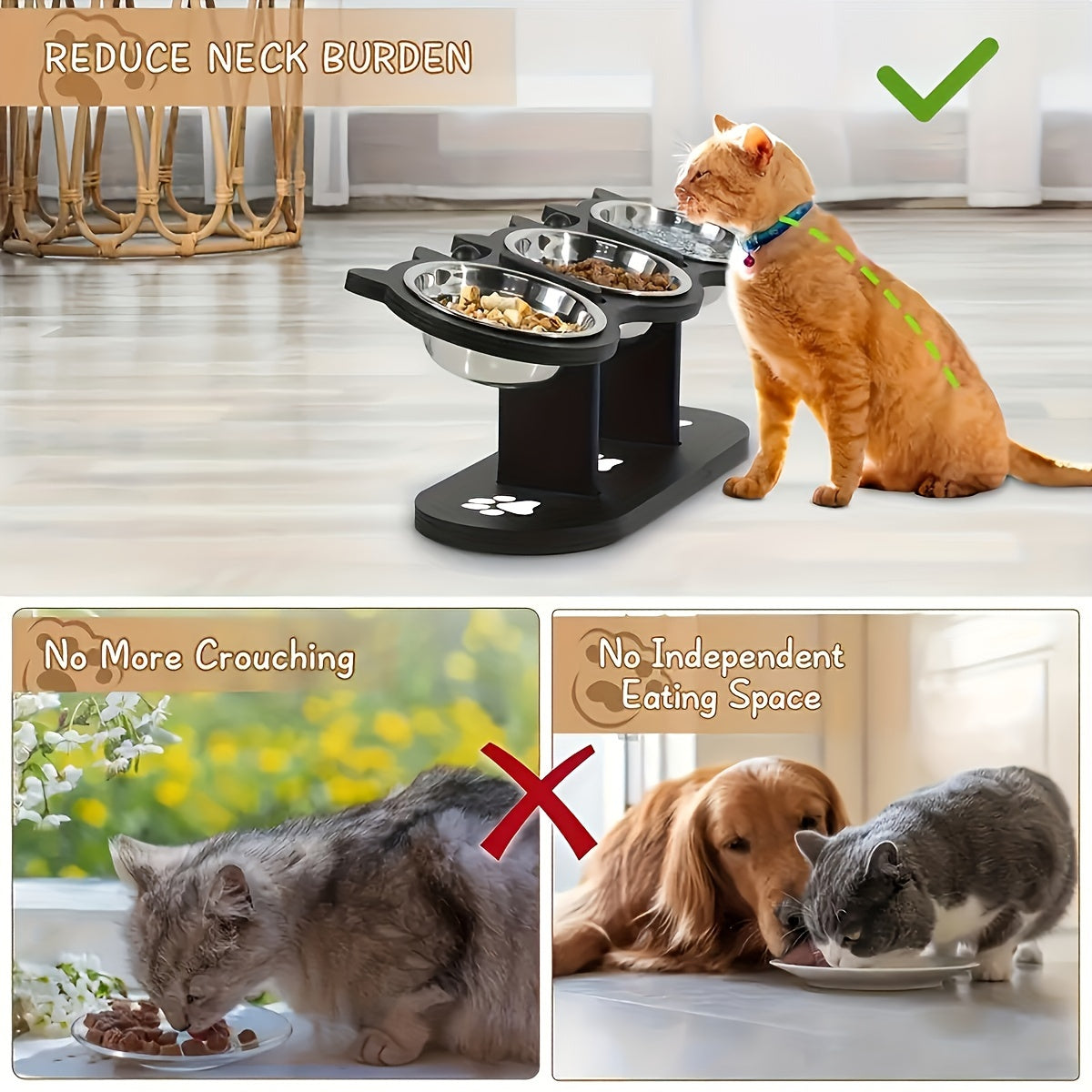 3pcs Adjustable Elevated Cat Bowls with Stainless Steel Inserts - 15-Degree Tilted, Height-Adjustable for Cats & Small Pets, Easy to Clean & Portable, Ideal for Food & Water, Cat Food Bowls