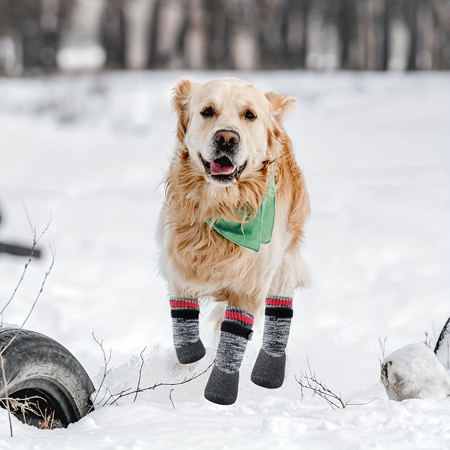 Striped All-Season Dog Boots: Machine Washable, Non-Slip Cotton, Polyester & Rubber, Water-Resistant Dog Socks for Small to Large Breeds, Adjustable Fastening - Protective Paw Gear for Indoor/Outdoor Use.