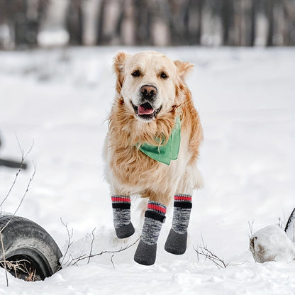 Striped All-Season Dog Boots: Machine Washable, Non-Slip Cotton, Polyester & Rubber, Water-Resistant Dog Socks for Small to Large Breeds, Adjustable Fastening - Protective Paw Gear for Indoor/Outdoor Use.