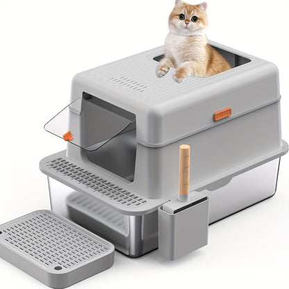 Bac à litière extra large en acier inoxydable pour chat avec couvercle