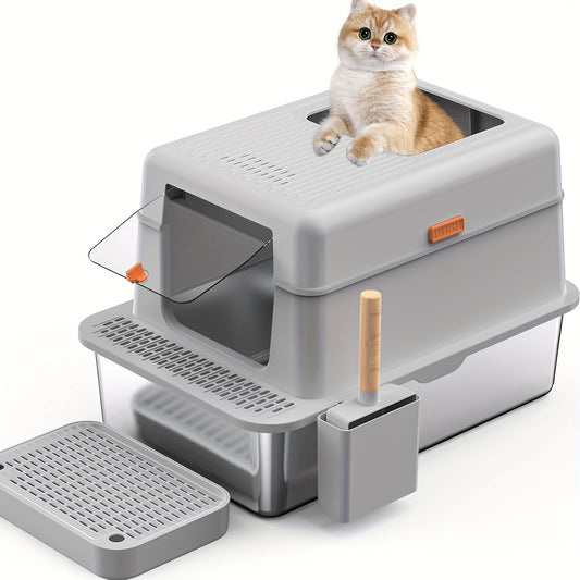 Bac à litière extra large en acier inoxydable pour chat avec couvercle