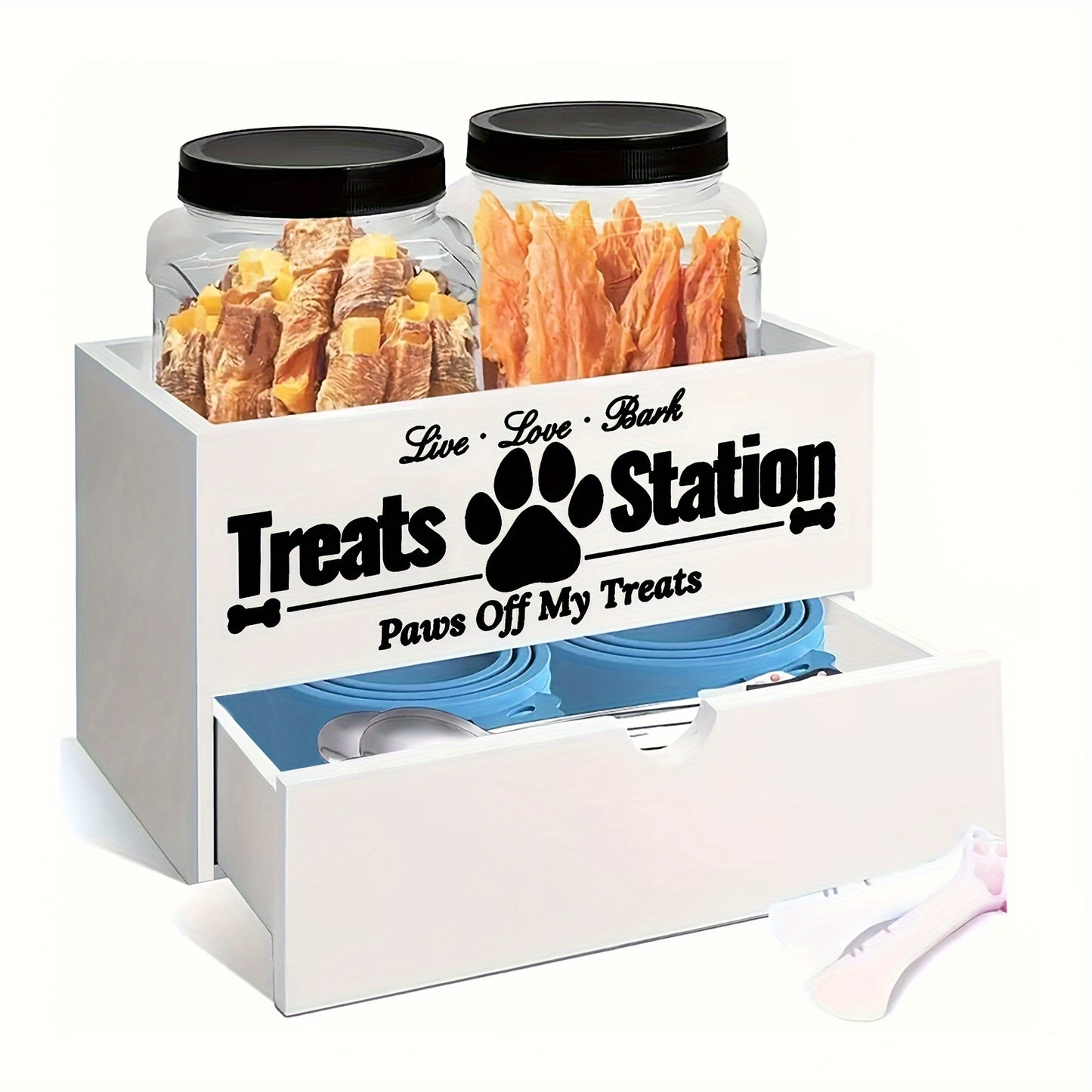 Lot de 3 organiseurs de rangement en bois pour friandises pour animaux de compagnie – Design de ferme avec 2 bocaux et tiroir pour nourriture pour chiens et chats