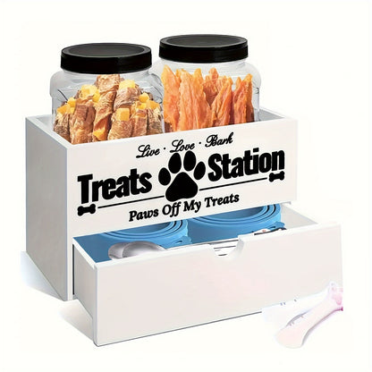 Lot de 3 organiseurs de rangement en bois pour friandises pour animaux de compagnie – Design de ferme avec 2 bocaux et tiroir pour nourriture pour chiens et chats