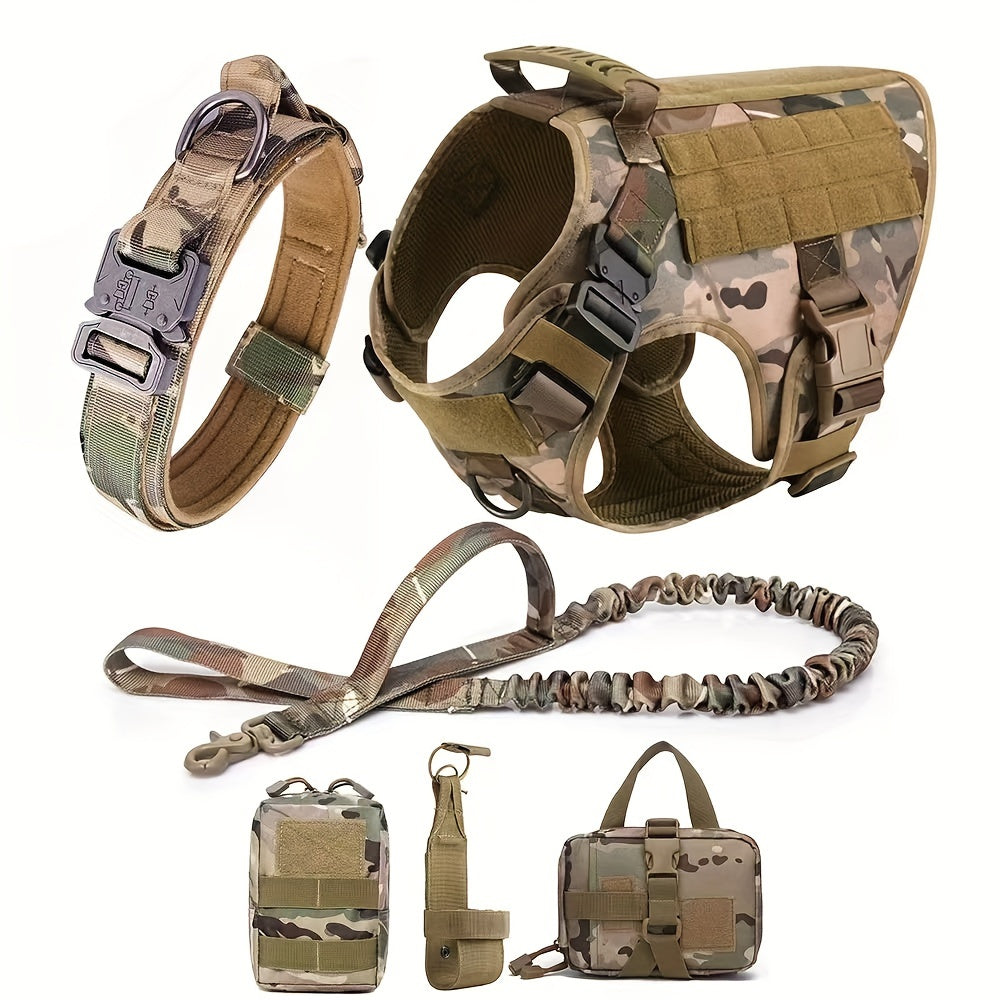 Tactical Dog Harness Set with Adjustable Training Vest, Leash, Collar, Water Bottle Holder, and Waist Bag for Small, Medium, Large Breeds - Durable Knit Fabric Composition with Press Buckle Closure System