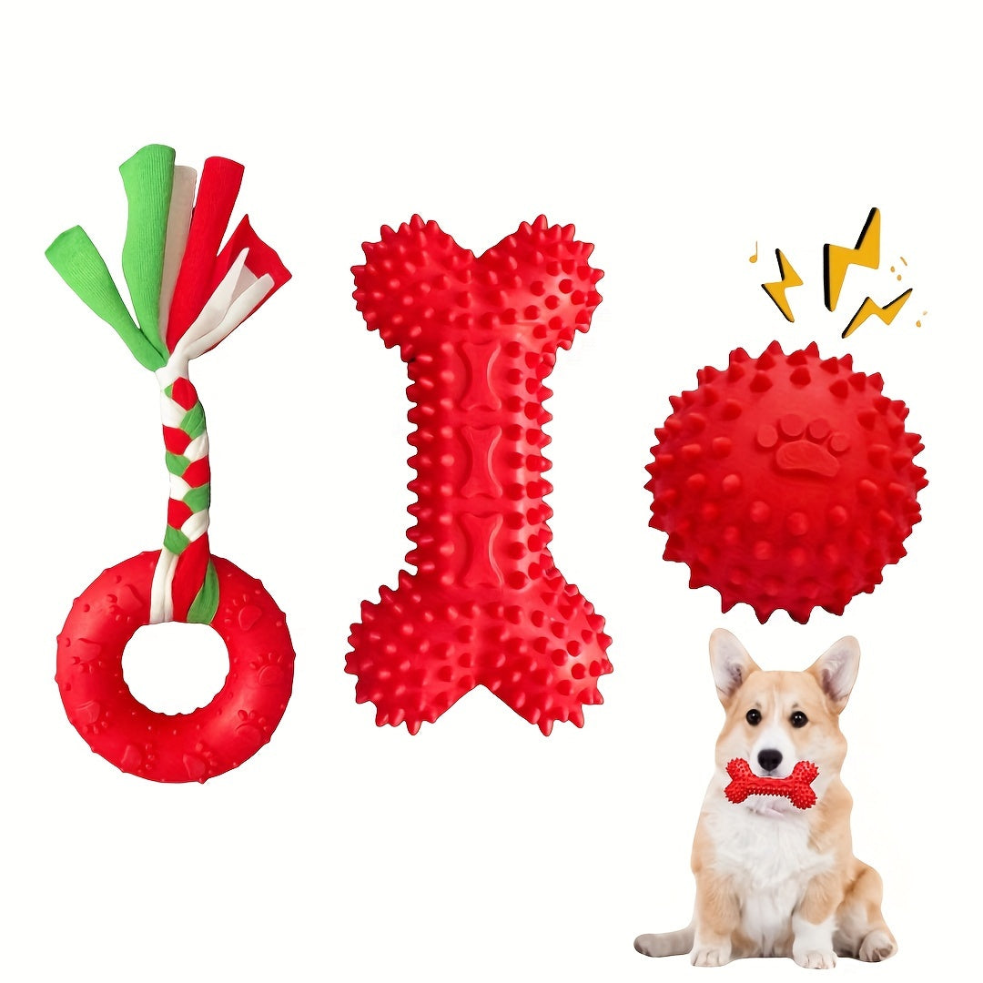 Lot de 3 jouets à mâcher en caoutchouc souple pour chiots pour la dentition – Ensemble d'os et de balle en corde durable avec nœud tressé, kit de jouets d'extérieur interactifs pour petits chiens, doux pour les gencives, jouets pour chiots