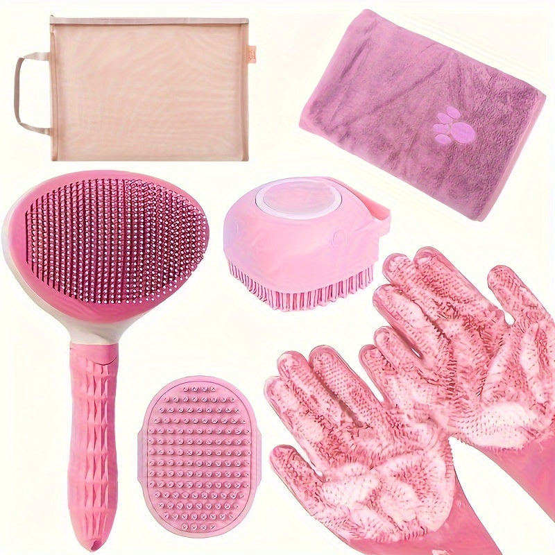 Kit de toilettage pour chien 6 en 1 : brosse de bain, serviette, gants et peigne de toilettage - Poils en acier inoxydable pour un nettoyage et un massage en douceur