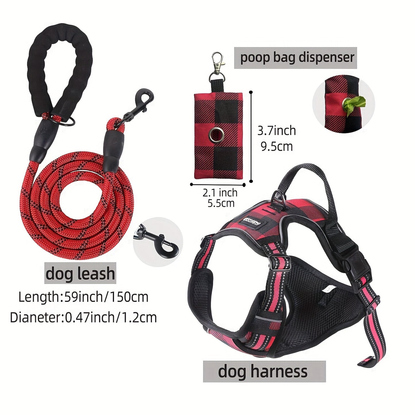 Ensemble de harnais anti-fuite pour chien 3 pièces avec laisse et distributeur de sacs à déjections canines – Réglable, réfléchissant et confortable pour chiens de taille moyenne et grande