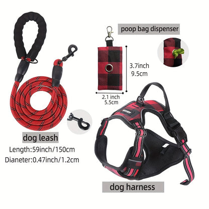 Ensemble de harnais anti-fuite pour chien 3 pièces avec laisse et distributeur de sacs à déjections canines – Réglable, réfléchissant et confortable pour chiens de taille moyenne et grande