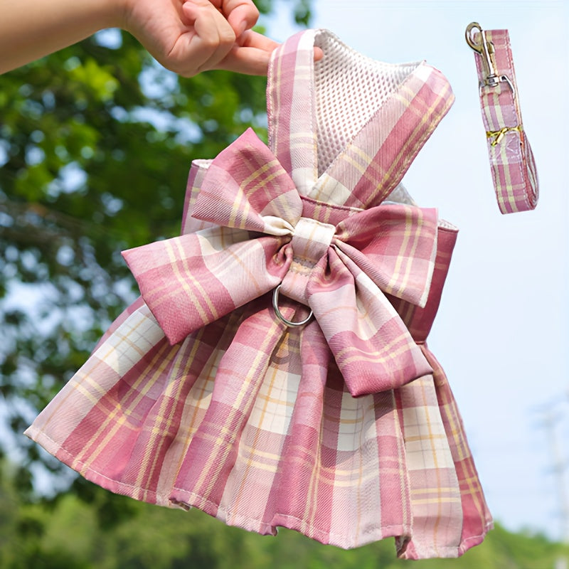 Ensemble robe pour animaux de compagnie avec nœud papillon et laisse pour petits chiens et chats - Jolie robe d'été princesse pour chihuahua, yorkshire - Lavage à la main uniquement, polyester tissé, pull toutes saisons pour animaux de compagnie 