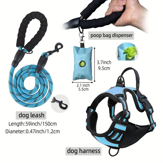 Ensemble de harnais anti-fuite pour chien 3 pièces avec laisse et distributeur de sacs à déjections canines – Réglable, réfléchissant et confortable pour chiens de taille moyenne et grande