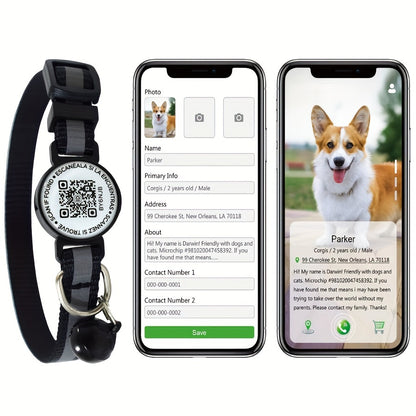 Collier réfléchissant pour animaux de compagnie avec code QR et fonction anti-perte - Haute visibilité la nuit, polyester rayé, idéal pour chats et petits chiens 