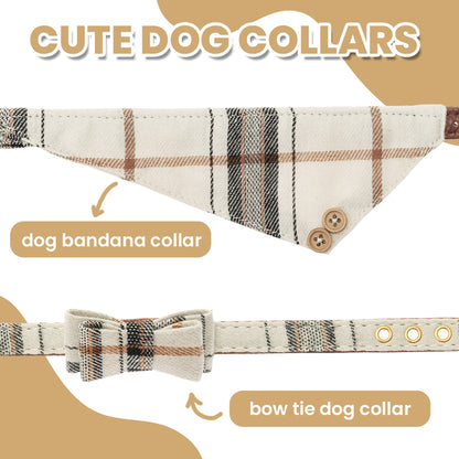 Ensemble de 3 colliers et laisses en cuir pour petit chien, nœud papillon à carreaux et bandana, joli collier pour chien avec clochette - Colliers réglables pour animaux de compagnie avec laisse de marche pour petit chien, chiot, chat