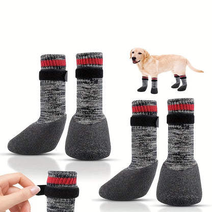 Striped All-Season Dog Boots: Machine Washable, Non-Slip Cotton, Polyester & Rubber, Water-Resistant Dog Socks for Small to Large Breeds, Adjustable Fastening - Protective Paw Gear for Indoor/Outdoor Use.