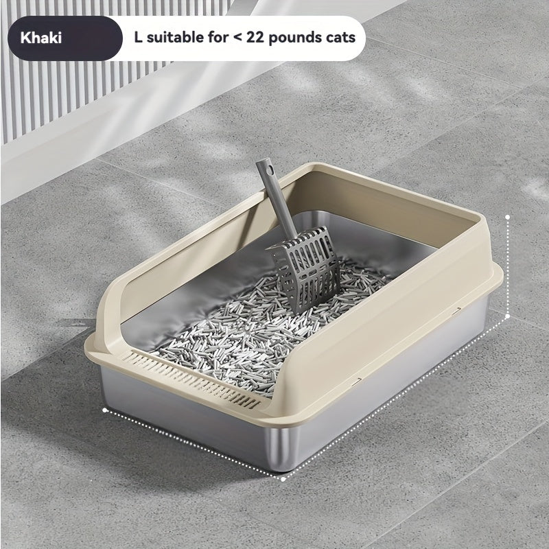 Bac à litière pour chat extra large en acier inoxydable avec couvercle anti-éclaboussures 