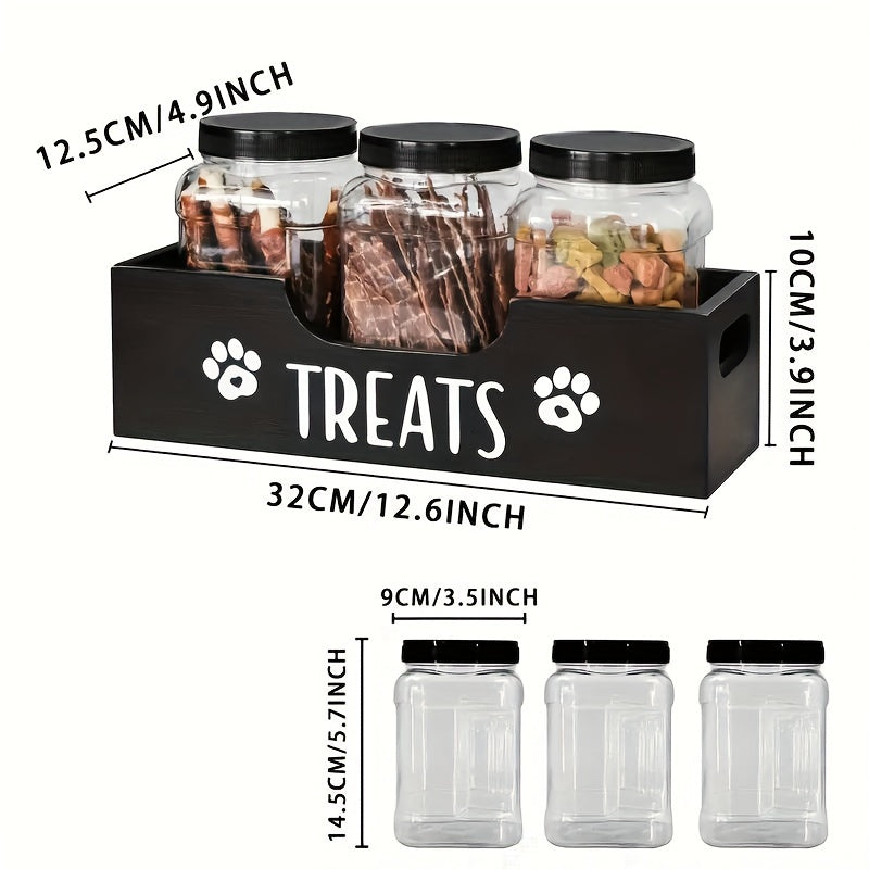 Porte-friandises en bois pour animaux de compagnie avec 3 bocaux hermétiques – Organisateur de style ferme pour le stockage des aliments pour chiens et chats