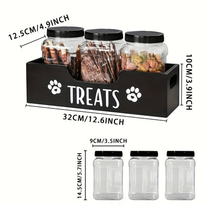 Porte-friandises en bois pour animaux de compagnie avec 3 bocaux hermétiques – Organisateur de style ferme pour le stockage des aliments pour chiens et chats