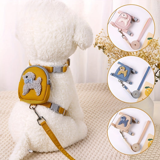 Ensemble de harnais et de laisse en nylon pour animaux de compagnie pour chats et petits chiens avec un joli motif animalier en 3D, une sangle de poitrine réglable confortable et une laisse de marche durable 