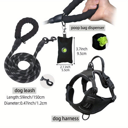 Ensemble de harnais anti-fuite pour chien 3 pièces avec laisse et distributeur de sacs à déjections canines – Réglable, réfléchissant et confortable pour chiens de taille moyenne et grande