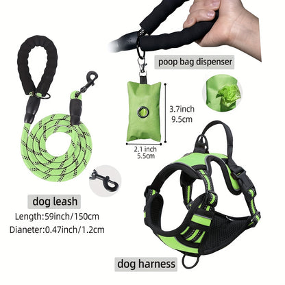 Ensemble de harnais anti-fuite pour chien 3 pièces avec laisse et distributeur de sacs à déjections canines – Réglable, réfléchissant et confortable pour chiens de taille moyenne et grande