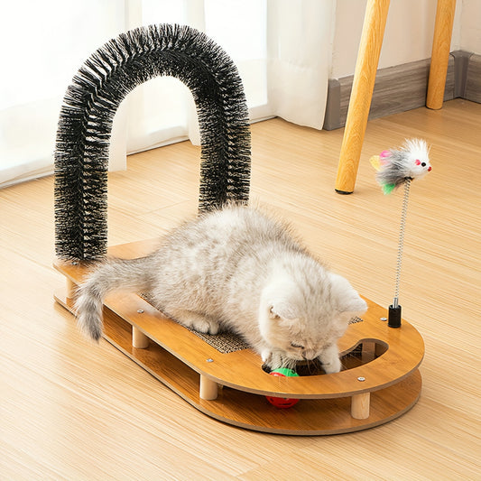 Planche à gratter multifonctionnelle 4 en 1 pour chat – Tapis à gratter en carton avec brosse à cheveux arquée et jouet en forme de balle pour chat