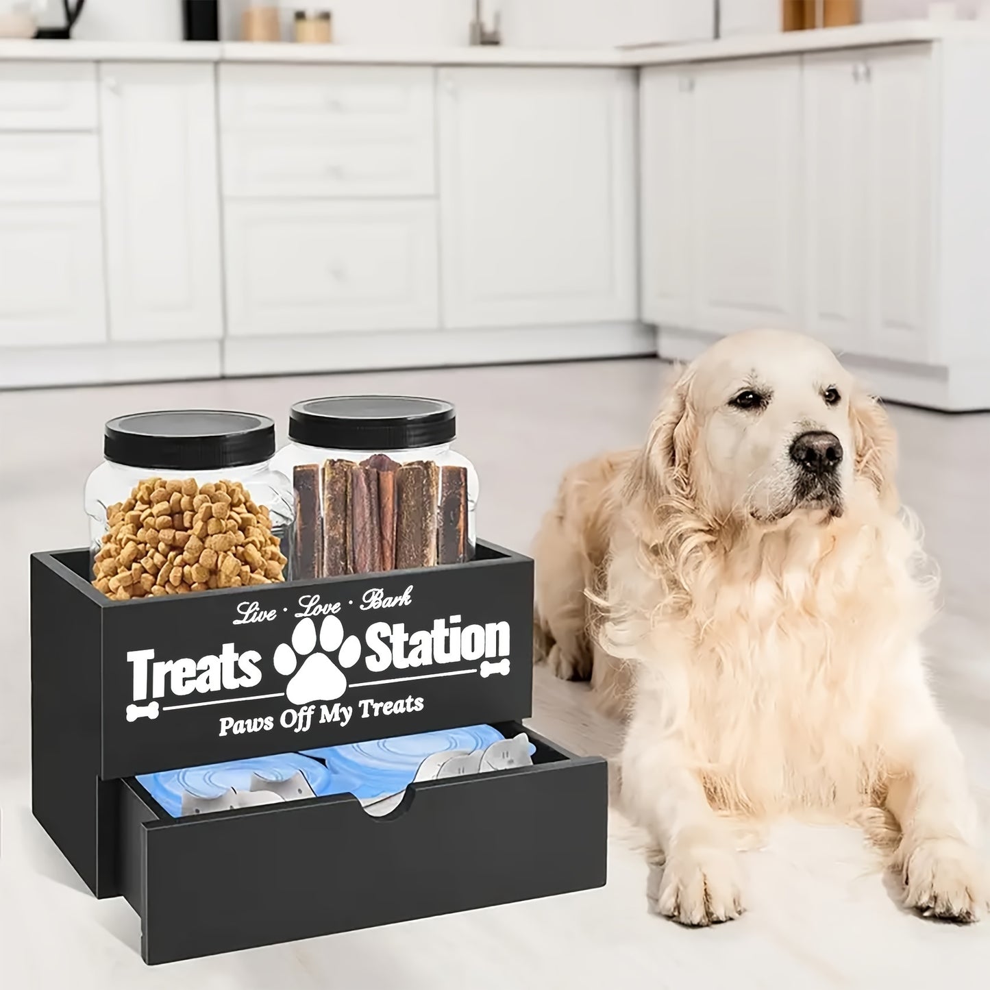 Lot de 3 organiseurs de rangement en bois pour friandises pour animaux de compagnie – Design de ferme avec 2 bocaux et tiroir pour nourriture pour chiens et chats